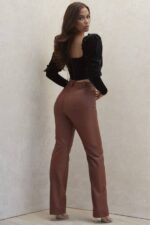 House of CB одећу 68JT1011 инаиа тан еластичне веганске кожне панталоне - Image 15