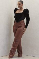 House of CB одећу 68JT1011 инаиа тан еластичне веганске кожне панталоне - Image 4