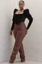 House of CB одећу 68JT1011 инаиа тан еластичне веганске кожне панталоне - Image 9