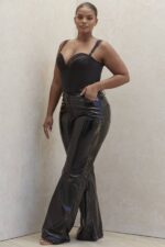 House of CB одећу 68JT1012 сигурне црне веганске кожне панталоне високог струка - Image 2