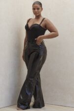 House of CB одећу 68JT1012 сигурне црне веганске кожне панталоне високог струка - Image 3