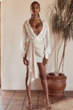 House of CB одећу 68JT1021 адетте пругаста ланена микс драпед мини сукња - Image 10