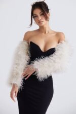 House of CB одећу 68JT1037 пепељасто бела јакна са рукавима од марабуа - Image 8