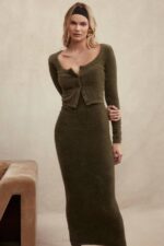 House of CB одећу 68JT116 фаиетте каки мекана пухаста плетена макси хаљина