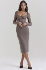 House of CB одећу 68JT118 сафран моцха корсет миди хаљина - Image 9