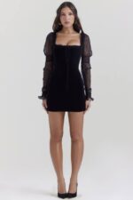 House of CB одећу 68JT120 сиана црна баршунаста мини хаљина - Image 7