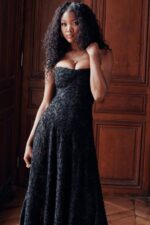 House of CB одећу 68JT126 серен црна макси хаљина са цветним чипком - Image 2