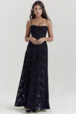 House of CB одећу 68JT126 серен црна макси хаљина са цветним чипком - Image 6
