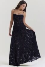 House of CB одећу 68JT126 серен црна макси хаљина са цветним чипком - Image 7
