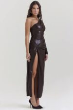 House of CB одећу 68JT130 оцтавиа какао веганска кожна макси хаљина - Image 4