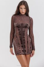 House of CB одећу 68JT138 марица браон хаљина од сомота и чипке - Image 6