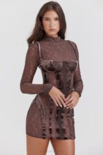 House of CB одећу 68JT138 марица браон хаљина од сомота и чипке - Image 7