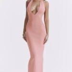 House of CB одећу 68JT227 камелија марелица уроњена макси хаљина