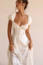 House of CB одећу 68JT229 евиана хаљина од праве свиле пуф рукава боје слоноваче - Image 7