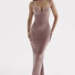 House of CB одећу 68JT296 азалеа нежно розе баршунаста миди хаљина