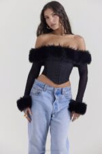 House of CB одећу 68JT2 мерле црни украсни корзет од вештачког крзна - Image 6