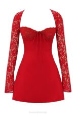 House of CB одећу 68JT308 јенница мини хаљина од сатена и чипке црвене руже - Image 8