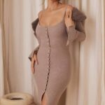 House of CB одећу 68JT315 тева беж кашмир плетена миди хаљина