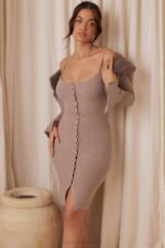 House of CB одећу 68JT315 тева беж кашмир плетена миди хаљина