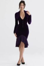 House of CB одећу 68JT327 дахна тамнољубичаста хаљина од сомота - Image 2