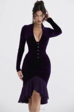 House of CB одећу 68JT327 дахна тамнољубичаста хаљина од сомота - Image 9