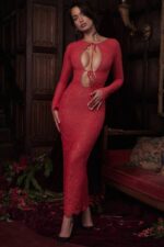 House of CB одећу 68JT340 лисандра црвена чипкана макси хаљина - Image 2