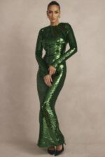 House of CB одећу 68JT344 белле пине зелена макси хаљина са шљокицама - Image 4