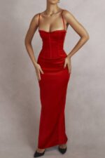 House of CB одећу 68JT357 Схани црвени сатенски корсет макси хаљина - Image 4