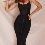 House of CB одећу 68JT502 маиа црна миди хаљина са рамовима