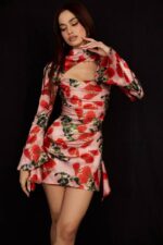 House of CB одећу 68JT503 хаљина са драпираним корзетом са принтом тоира руже - Image 7