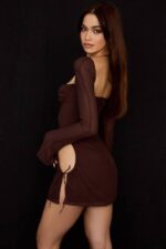 House of CB одећу 68JT506 мини хаљина од чоколадног шифона са халтером - Image 12