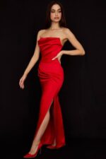 House of CB одећу 68JT507 адриенне сцарлет сатенска хаљина без нараменица - Image 10