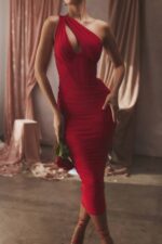 House of CB одећу 68JT509 валентина сцарлет асиметрична миди хаљина - Image 12