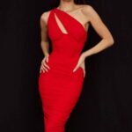 House of CB одећу 68JT509 валентина сцарлет асиметрична миди хаљина