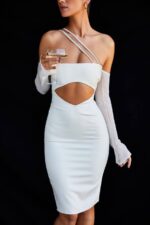 House of CB одећу 68JT519 лоулоу миди хаљина од сатена боје слоноваче - Image 3