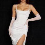 House of CB одећу 68JT522 цасимира миди хаљина од сатенског корзета боје слоноваче
