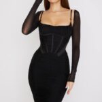 House of CB одећу 68JT526 фреија црна скупљена корсет хаљина