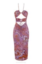 House of CB одећу 68JT570 касиа љубичаста миди хаљина са ковитланим изрезом - Image 6