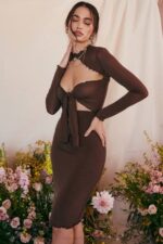House of CB одећу 68JT575 наталиа цхоцолате повер месх кравата предња миди хаљина - Image 2