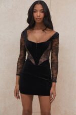 House of CB одећу 68JT585 елена црна хаљина од сомота и чипке - Image 12