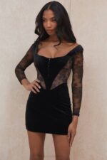 House of CB одећу 68JT585 елена црна хаљина од сомота и чипке - Image 16