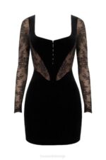 House of CB одећу 68JT585 елена црна хаљина од сомота и чипке - Image 7
