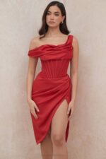 House of CB одећу 68JT587 лулу црвена асиметрична хаљина са миди корзетом - Image 13