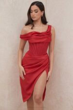 House of CB одећу 68JT587 лулу црвена асиметрична хаљина са миди корзетом - Image 14