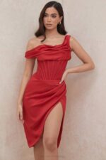 House of CB одећу 68JT587 лулу црвена асиметрична хаљина са миди корзетом - Image 15