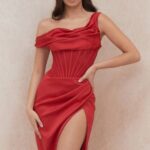 House of CB одећу 68JT587 лулу црвена асиметрична хаљина са миди корзетом