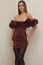 House of CB одећу 68JT590 селена суво грожђе сатенска хаљина без нараменица - Image 8