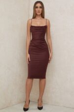 House of CB одећу 68JT591 ања суво грожђе сатен корсет миди хаљина - Image 15