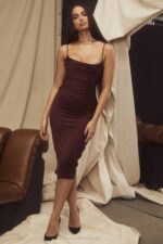 House of CB одећу 68JT591 ања суво грожђе сатен корсет миди хаљина - Image 5