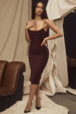 House of CB одећу 68JT591 ања суво грожђе сатен корсет миди хаљина - Image 6